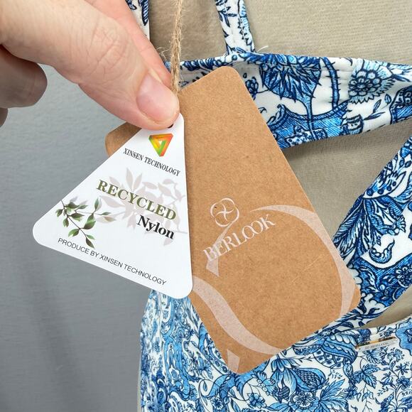 Berlook NWT Sz L Blue Retro Floral Drawstring Ruched Keyhole One-Piece Swimsuit - Picture 9 of 11